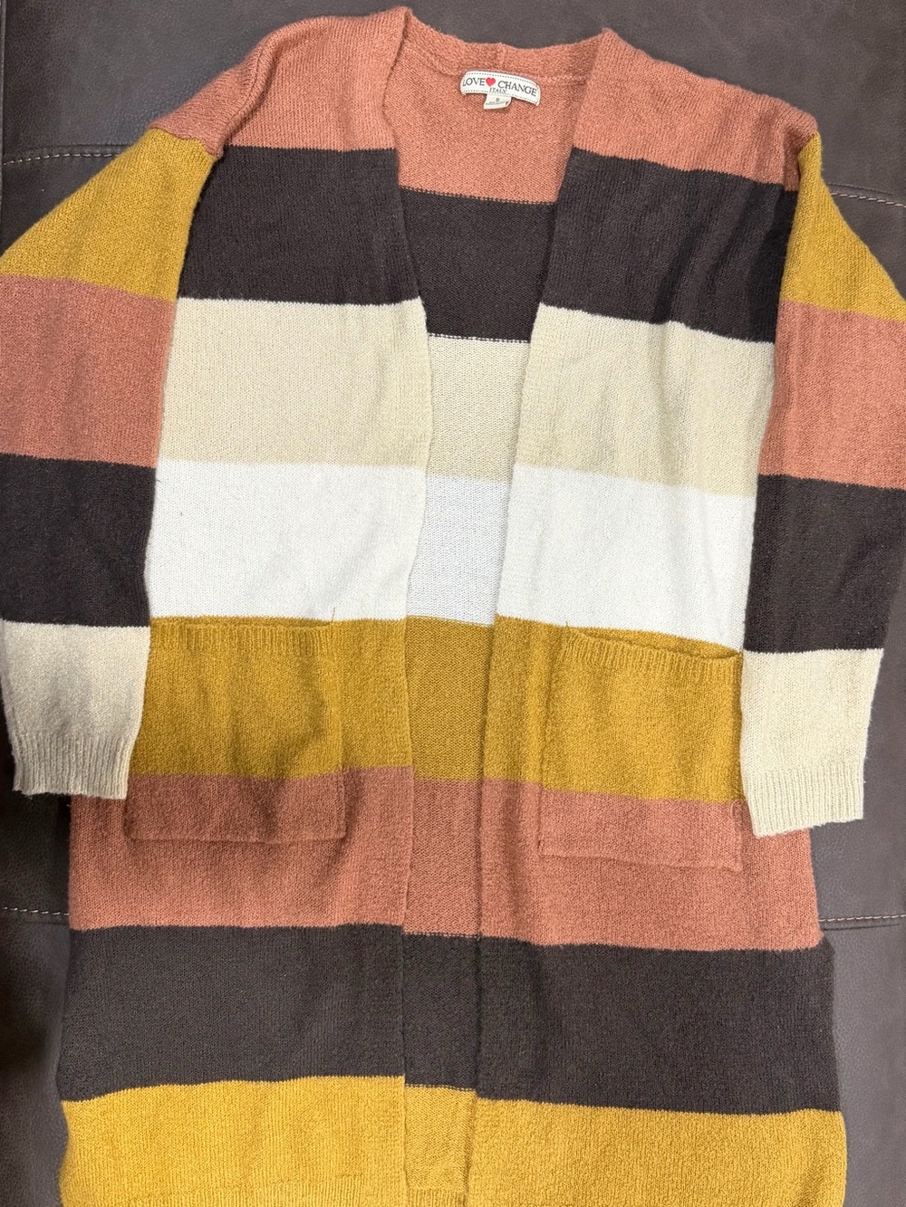Striped Open-Front Cardigan in Mustard, Cream & Rust - Love + Chance